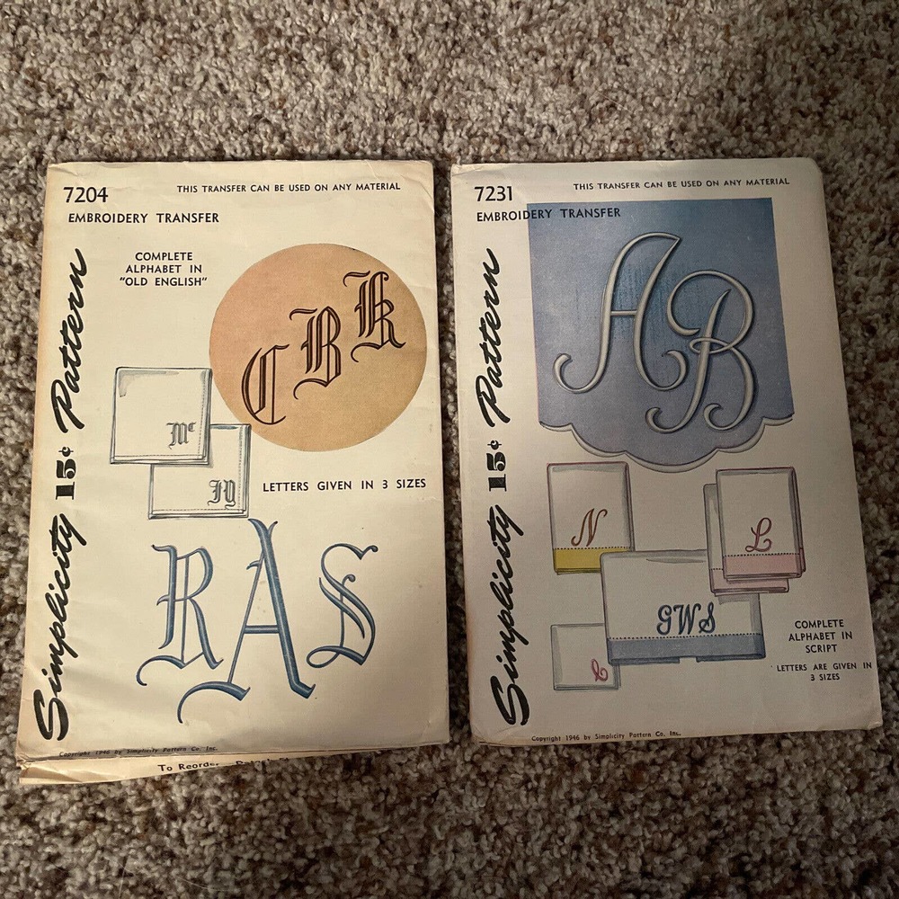 Vtg 1940’s Simplicity EMBROIDERY TRANSFER Patterns 7204/7231 Alphabet Lot 2 Cut